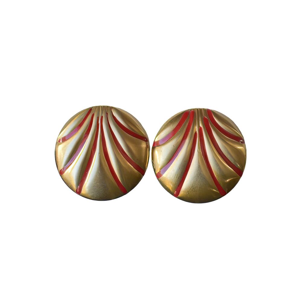 1990s Red Enamel on Gold Platel Ribbed Golden Circular Scalloped Clip Earrings